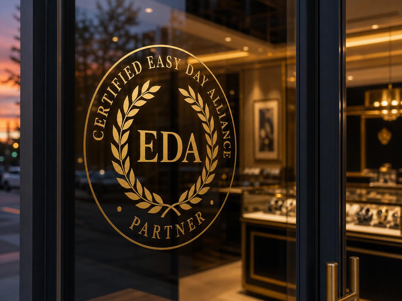 Certified Easy Day Alliance Partner gold window decal on a retail storefront